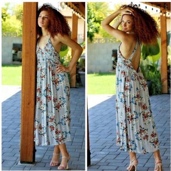 Light Blue Open Back Floral Maxi Midi Boho Dress - Picture 3 of 4